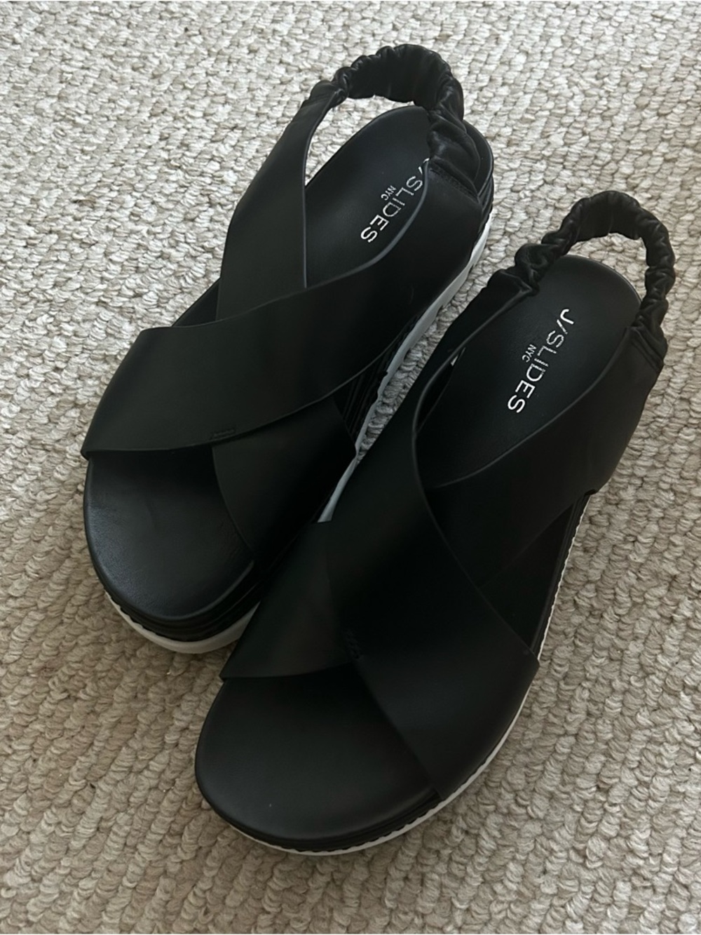 J/SLIDES NYC Resa Black Leather Crisscross Elastic Slingback Platform Sandals